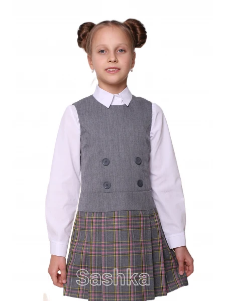 Сарафан для дівчинки Sashka шкільний сірий з клітинкою (напіввовна), розмір 116-146